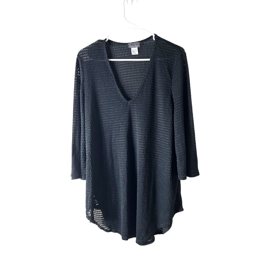 Jordan Taylor Women's Black Mesh V-Neck Tunic Top L Imported Fabric‎ Made in USA